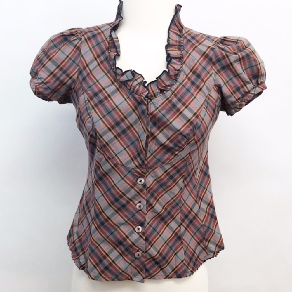 Anthropologie Plaid Ruffle V-Neck Button Front Top — Mauve, Blue, Brown